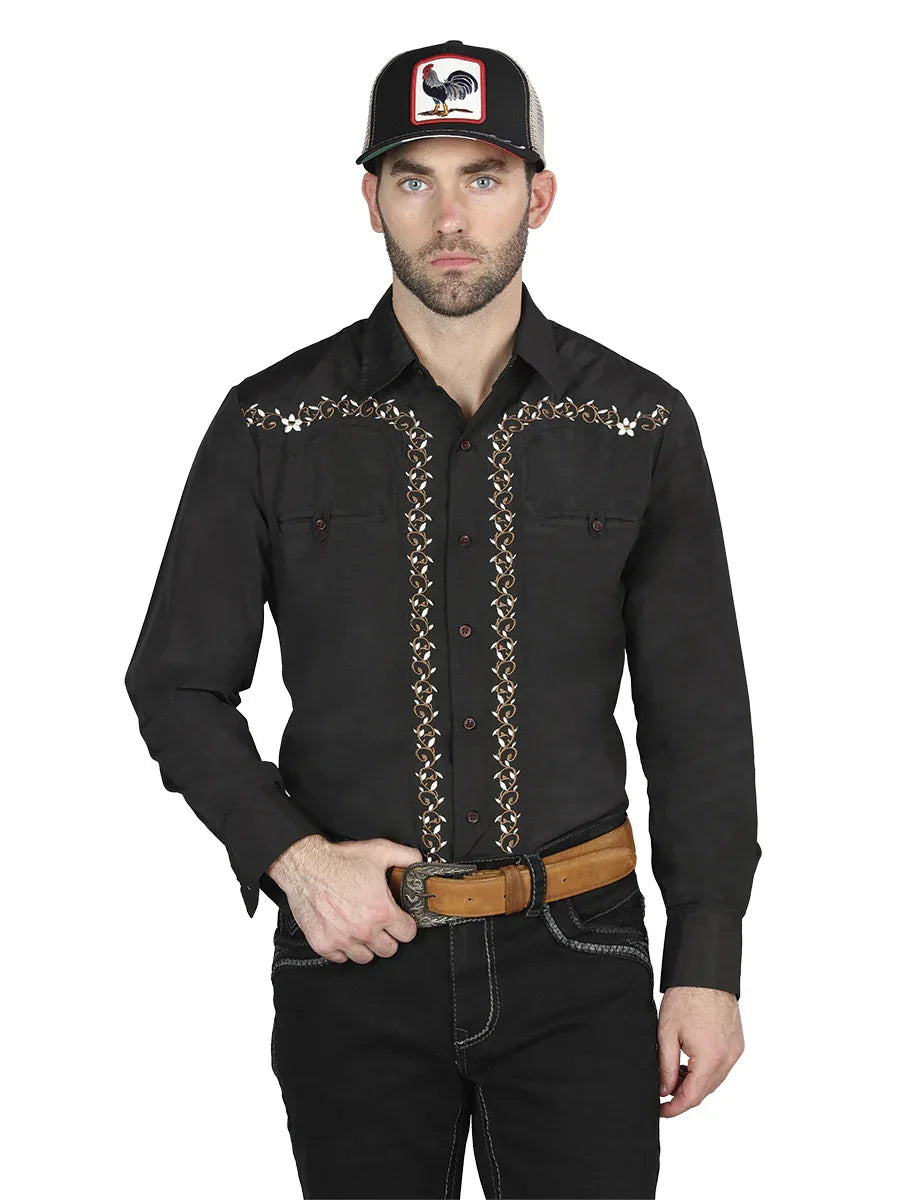 El General Embroidery Western Shirt Black/Gold 44200  N4dboots.com