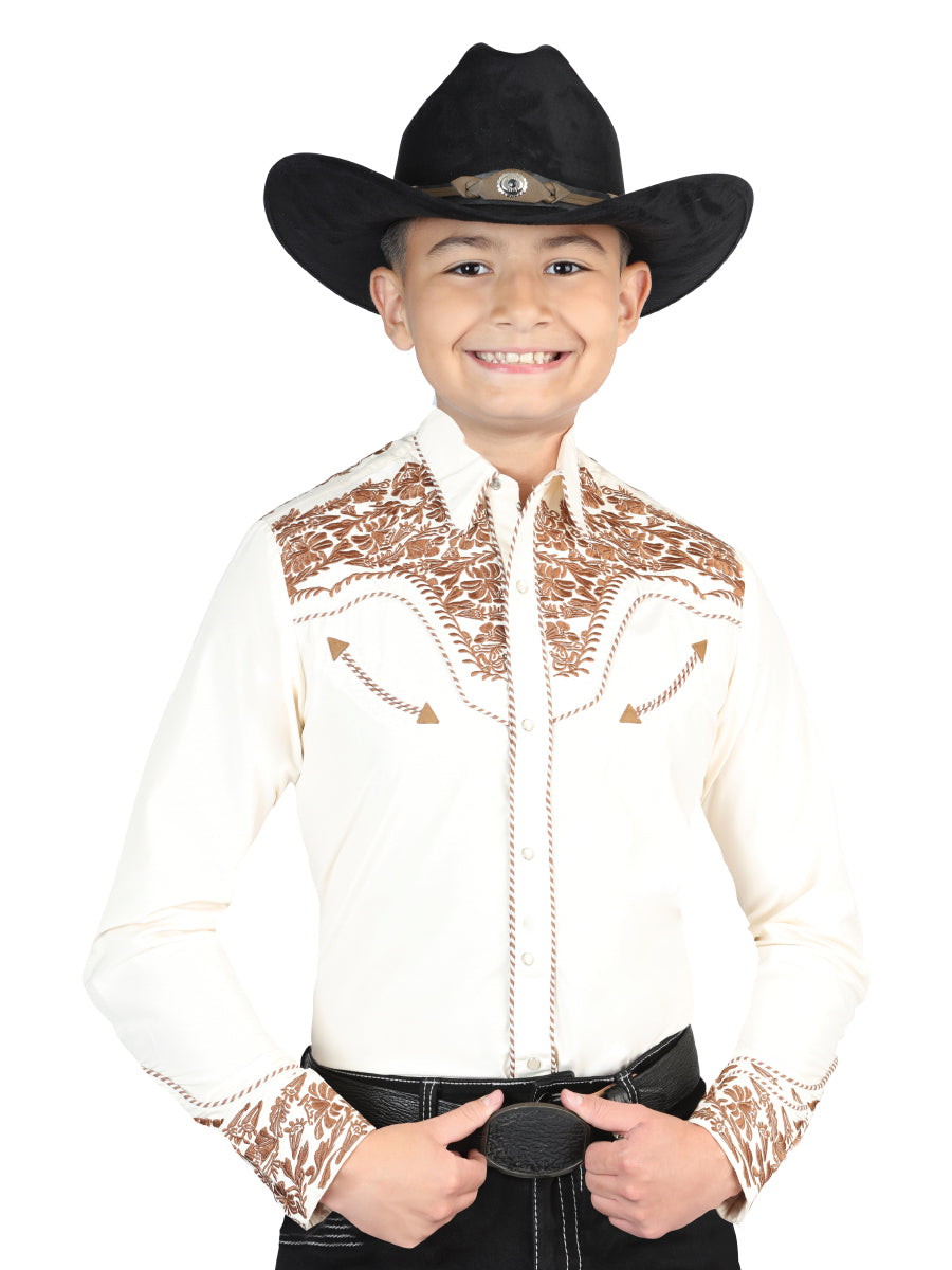 El Señor De Los Cielos Embroidery Shirt Beige/Dark Camel 44336