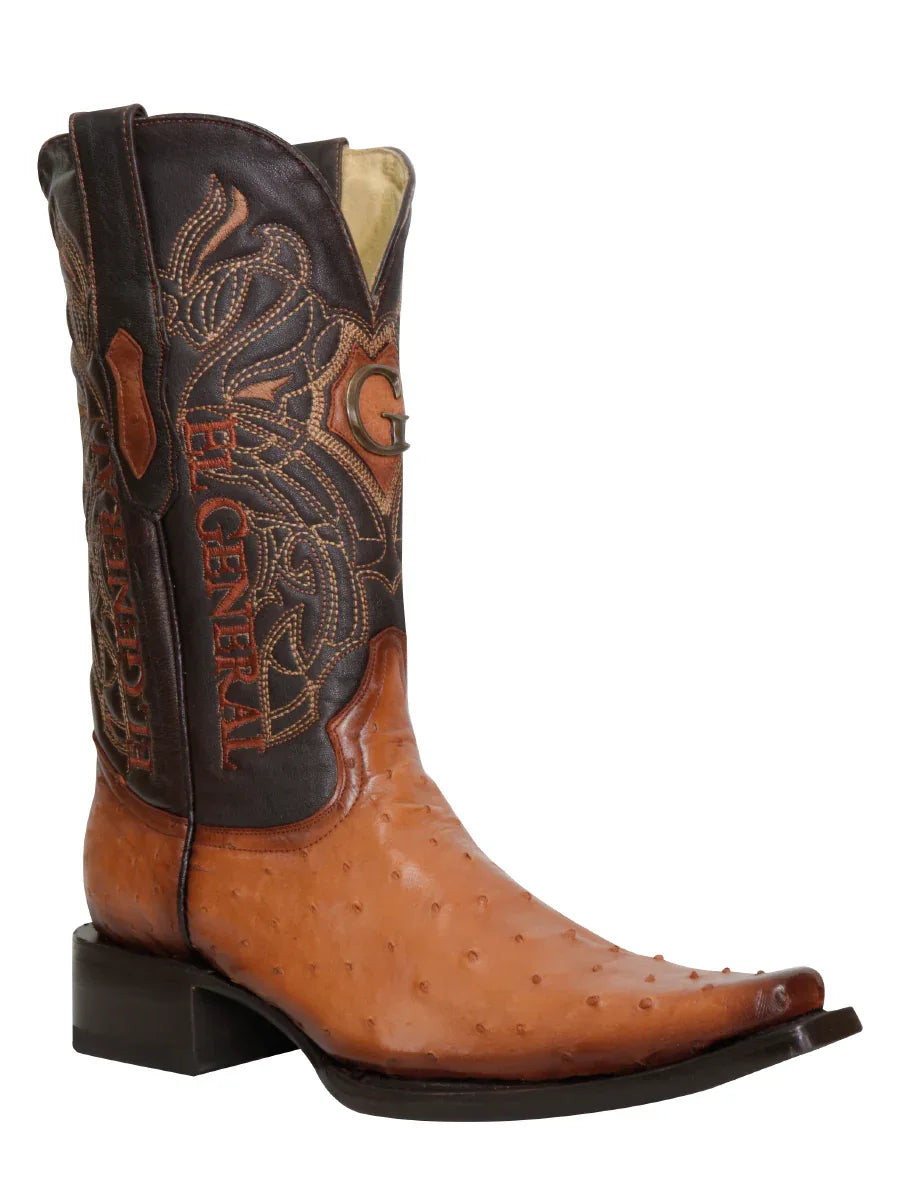 El General Men's Exotic Ostrich Leather Cowboy Boots - Black  45515