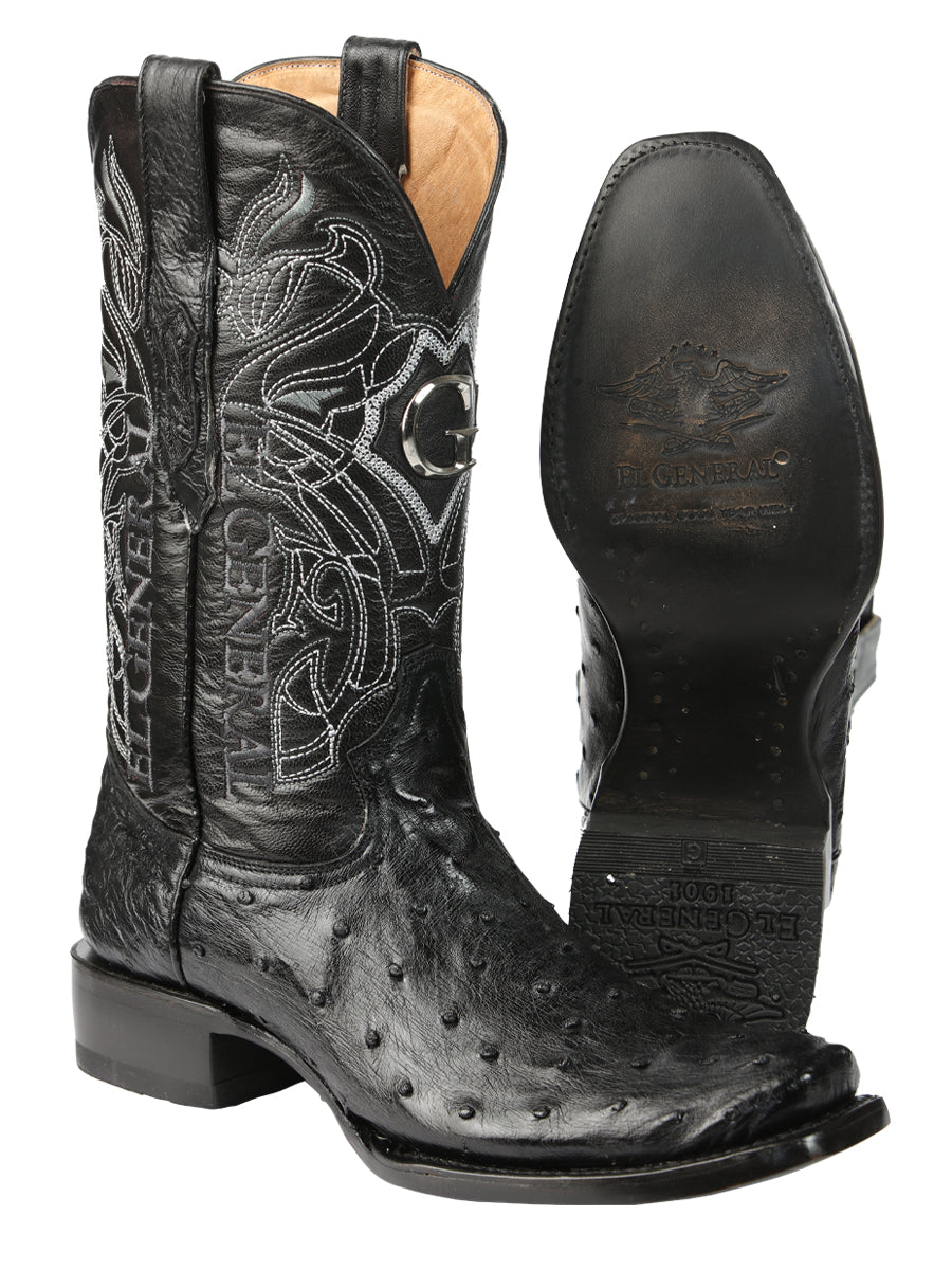 El General Men's Exotic Ostrich Leather Cowboy Boots - Black 45515