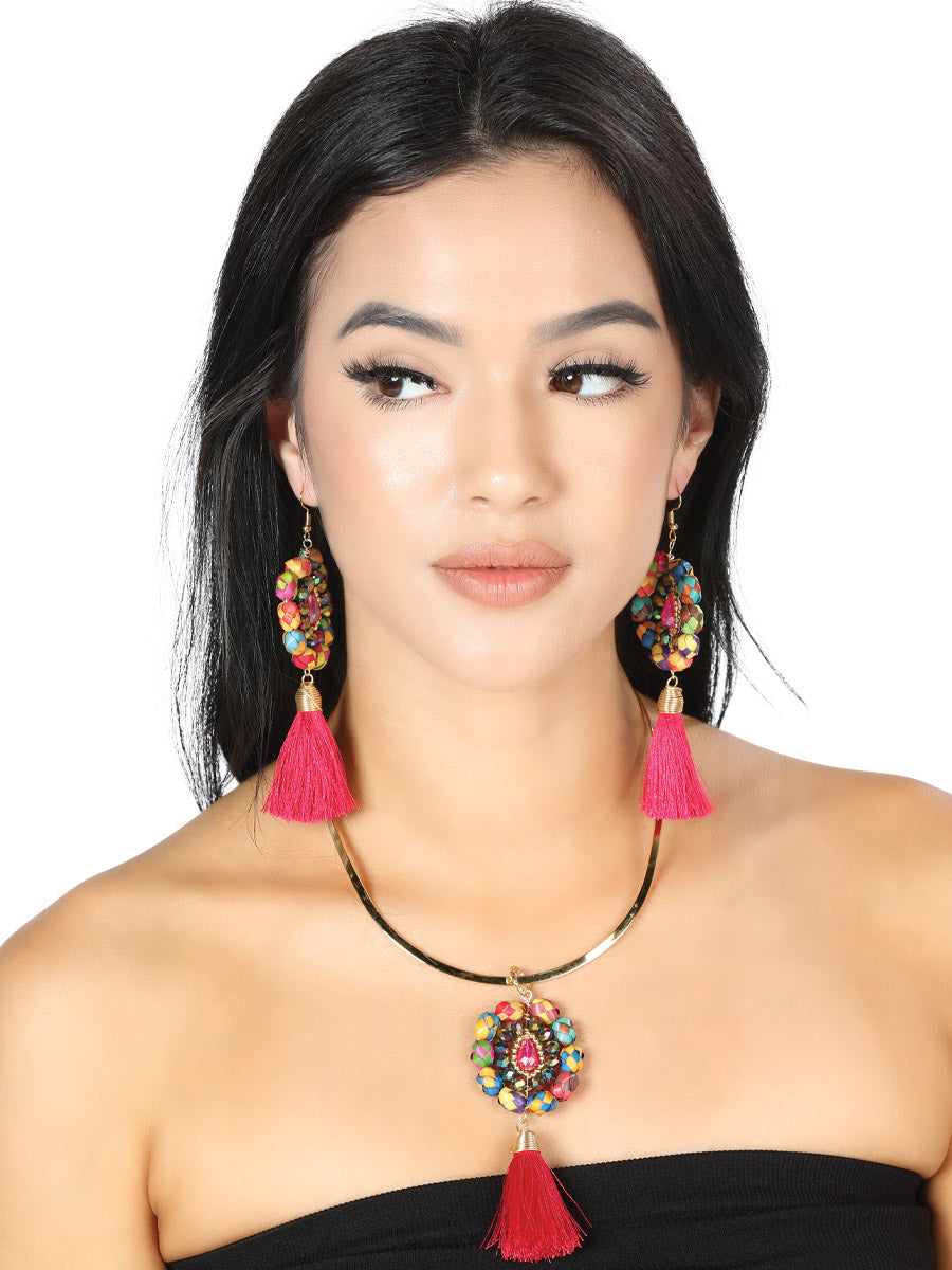 Artisanal Set Earrings-Necklace Palm-Silk Thread Fuchsia 603231