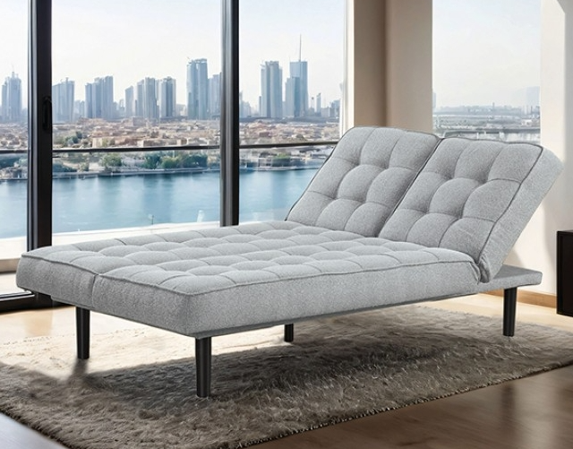 "Sofá futon Napervill gris claro vista lateral con respaldo ajustable"