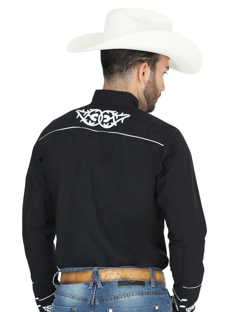 Mens El Señor de los Cielos Charro Embroidery Shirt Black/White 40782 - N4dboots.com