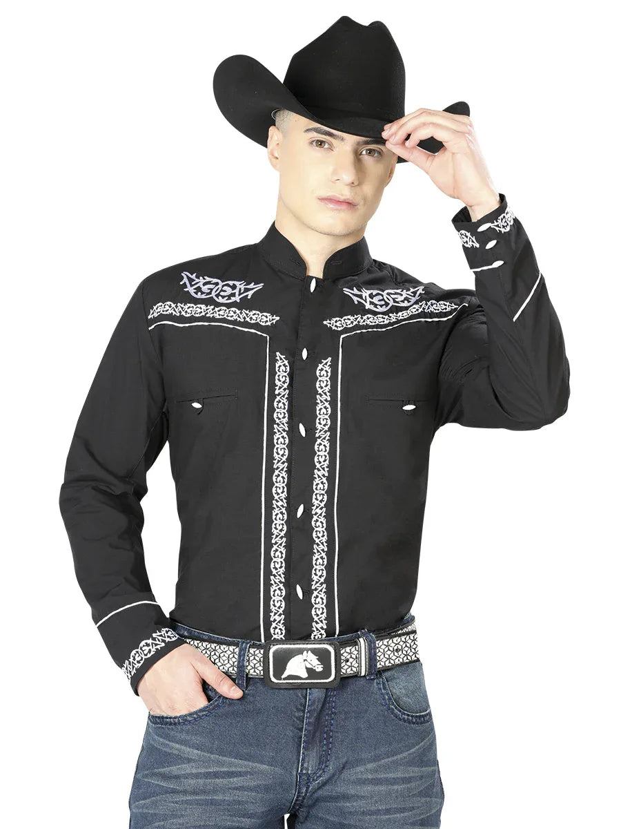 Mens El Señor de los Cielos Charro Embroidery Shirt Black/White 40782 - N4dboots.com