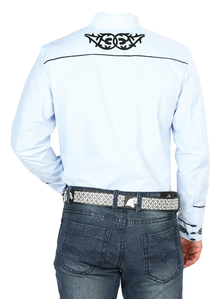 Mens El Señor de los Cielos Charro Embroidery Shirt Blue/Black 40785 - N4dboots.com