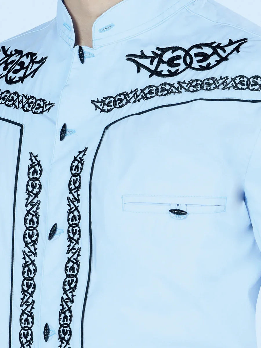 Mens El Señor de los Cielos Charro Embroidery Shirt Blue/Black 40785 - N4dboots.com
