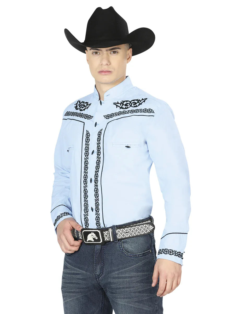 Mens El Señor de los Cielos Charro Embroidery Shirt Blue/Black 40785 - N4dboots.com