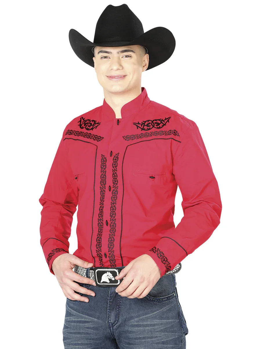 Mens El Señor de los Cielos Charro Embroidery Shirt Red/Black 40786 - N4dboots.com