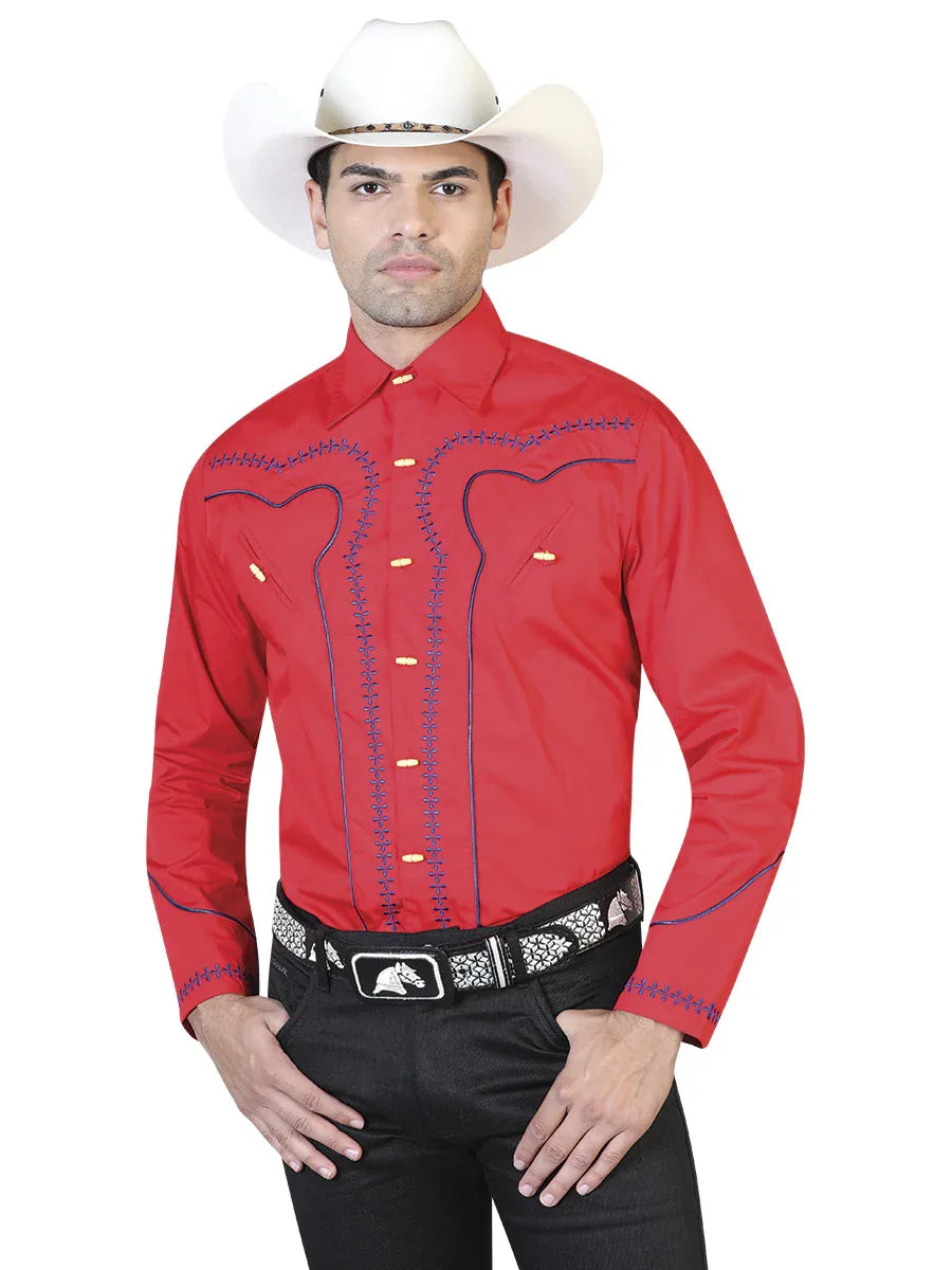 Red And Blue Charro Long Sleeve Shirt 42548 - N4dboots.com