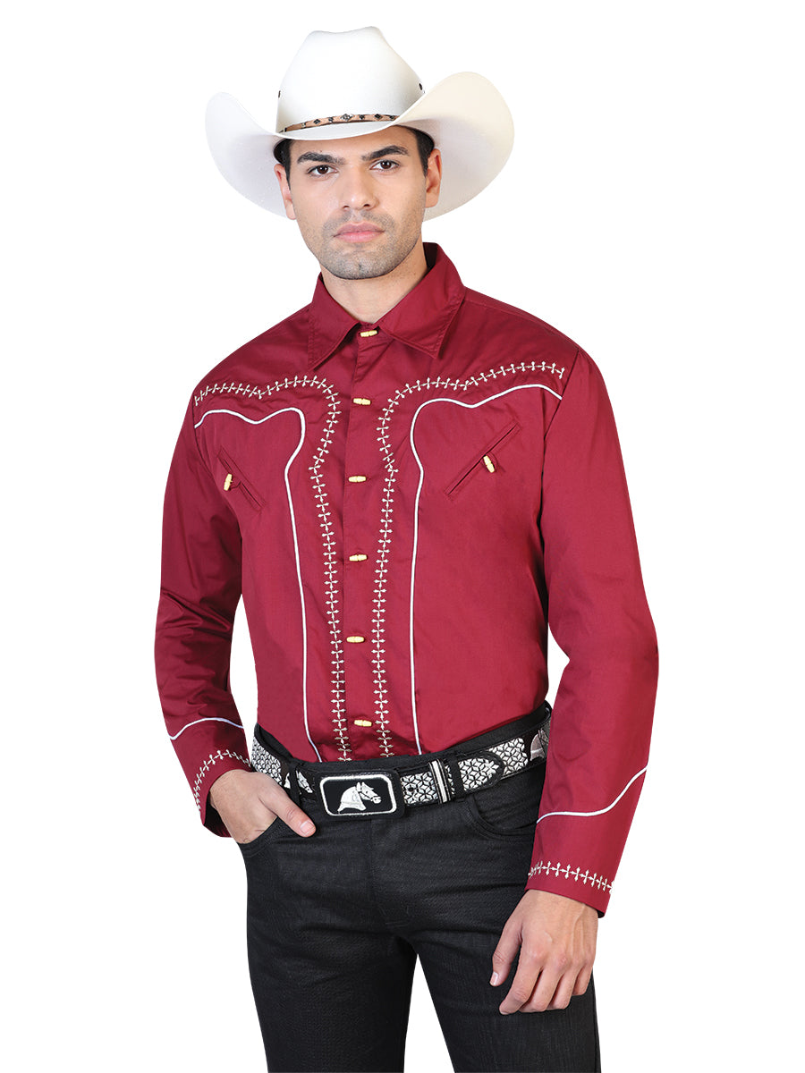Burgandy And White Charro Long Sleeve Shirt 42550