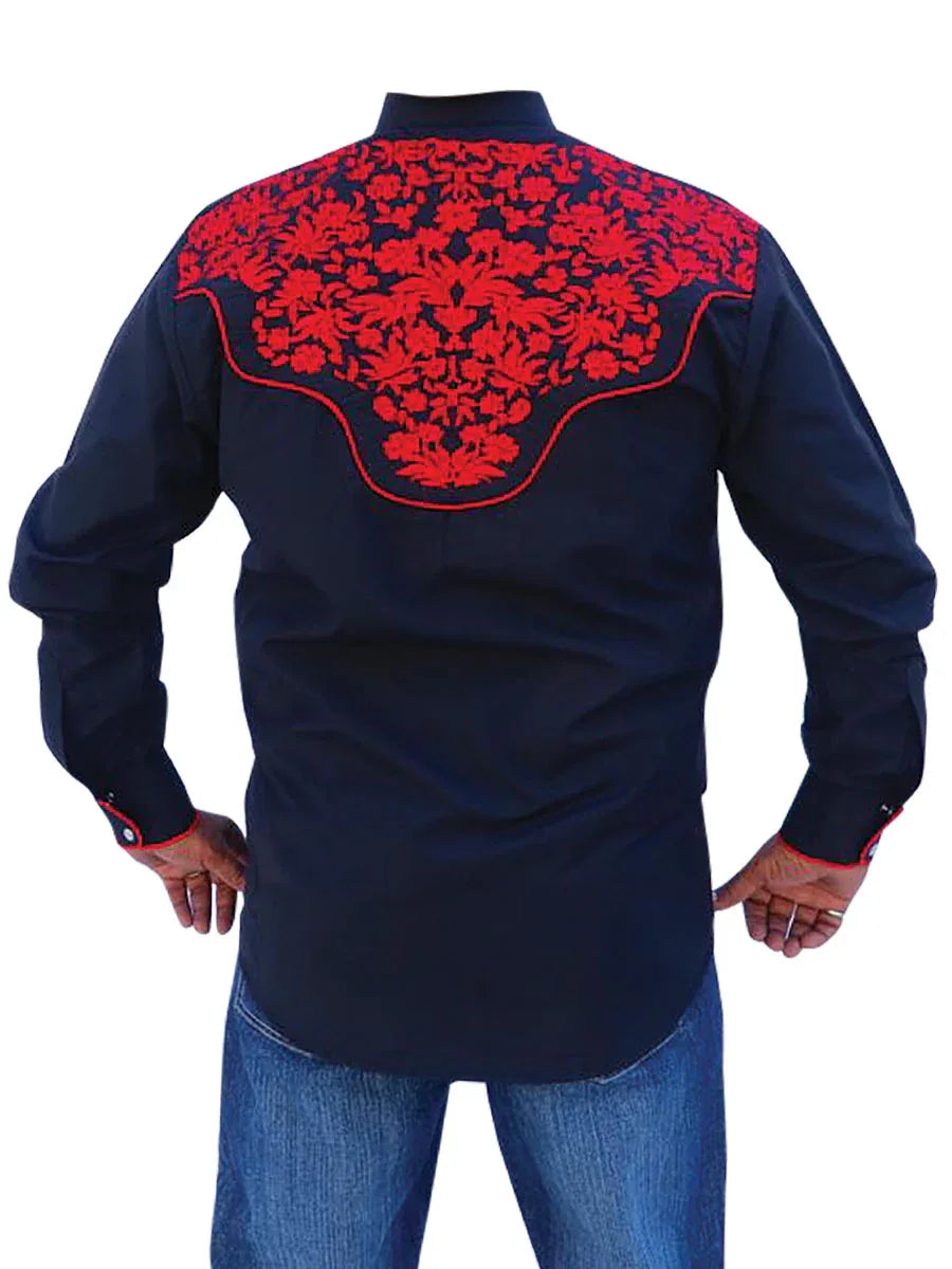 El Señor de los Cielos Embroidery Shirt Black/Red 43297 - N4dboots.com