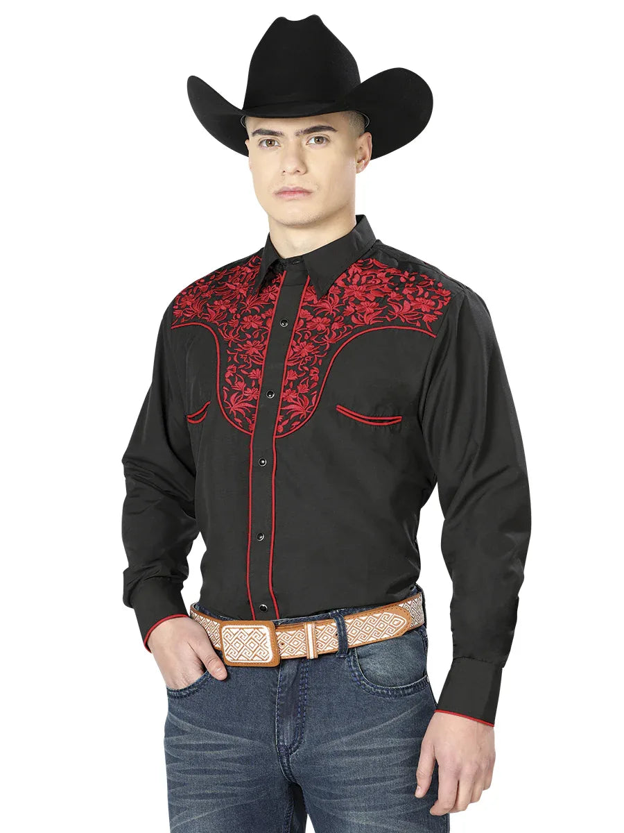 El Señor de los Cielos Embroidery Shirt Black/Red 43297 - N4dboots.com