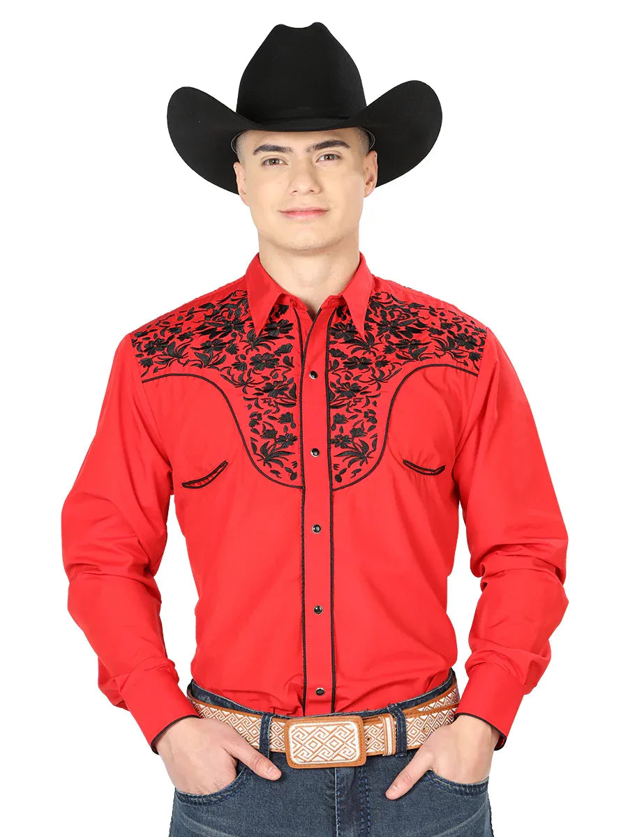 El Señor de los Cielos Embroidery Shirt Red/Black 43298 - N4dboots.com