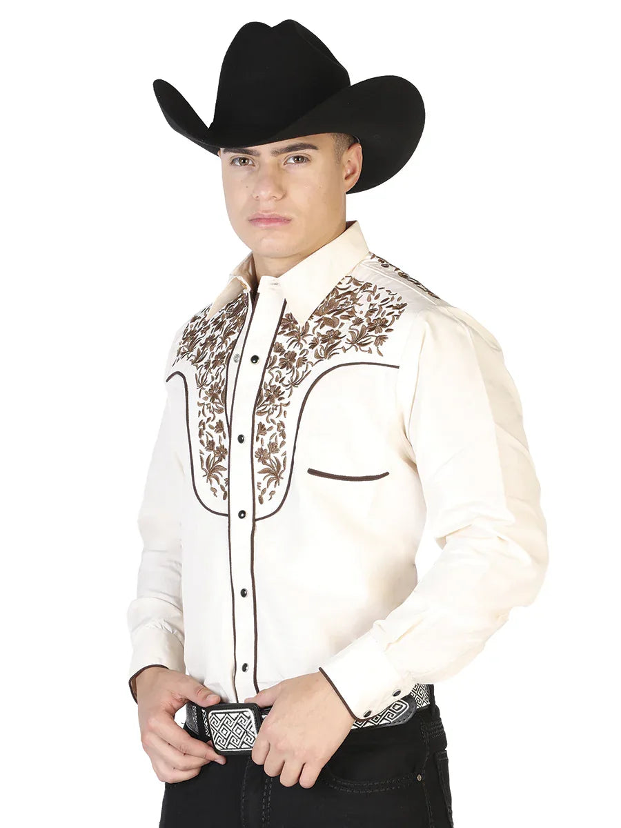 El Señor de los Cielos Embroidery Shirt Beige/Gold 43299 - N4dboots.com