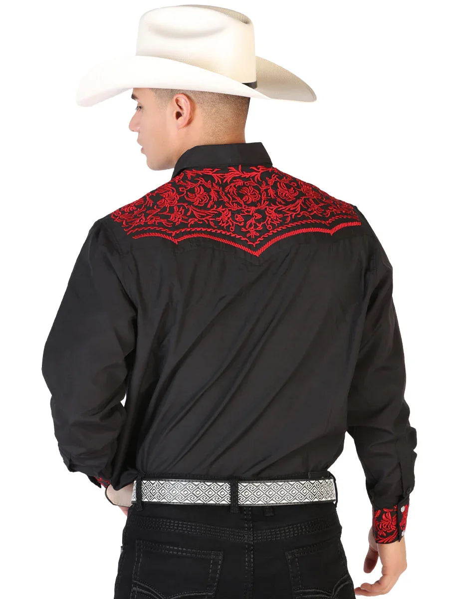 El Señor de los Cielos Embroidery Shirt Black/Red 43301 - N4dboots.com