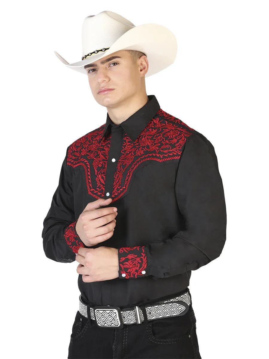 El Señor de los Cielos Embroidery Shirt Black/Red 43301 - N4dboots.com