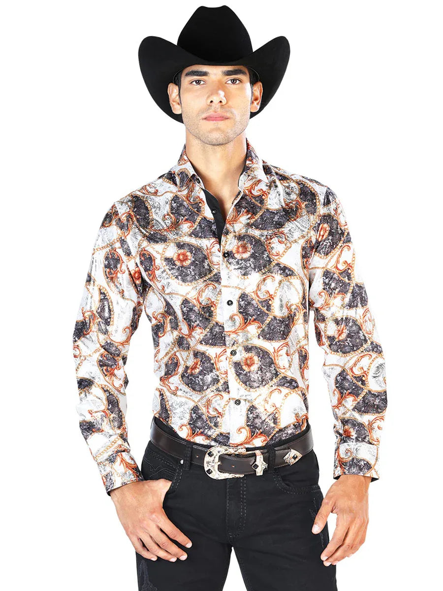 Off White And Gold Casual Long Sleeve Shirt 43566 - N4dboots.com