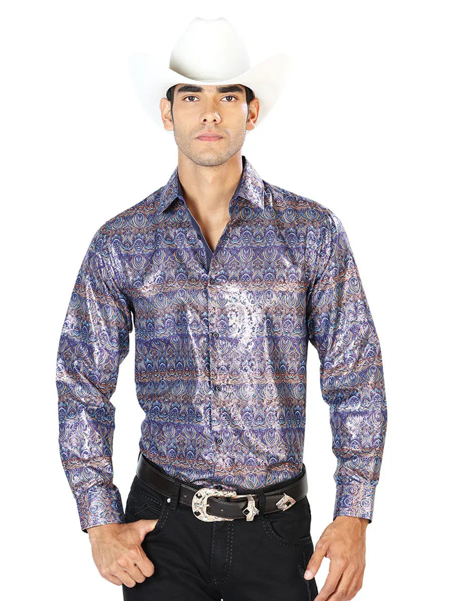 Navy Blue Casual Long Sleeve Shirt 43567 - N4dboots.com