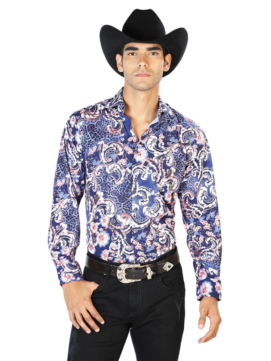 Navy Blue Casual Long Sleeve Shirt 43577 - N4dboots.com