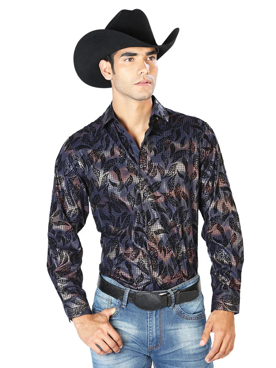 Navy Casual Long Sleeve Shirt 43589 - N4dboots.com