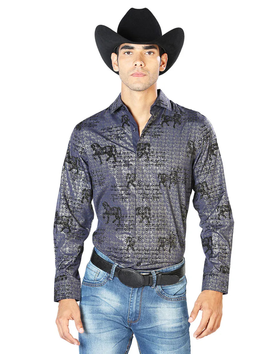Navy Casual Long Sleeve Shirt 43598 - N4dboots.com