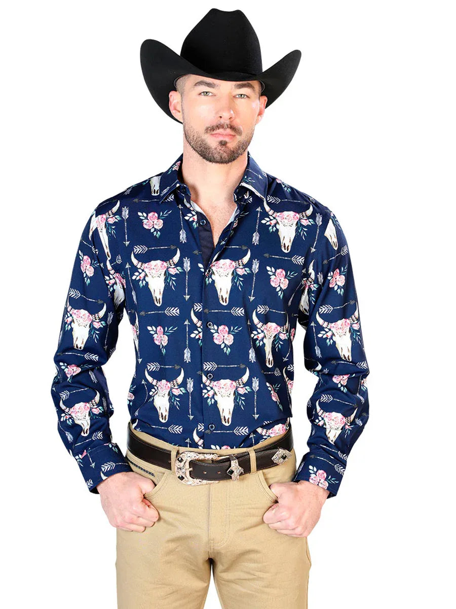 Navy Blue Long Sleeve Casual Long Sleeve Shirt 43694 - N4dboots.com