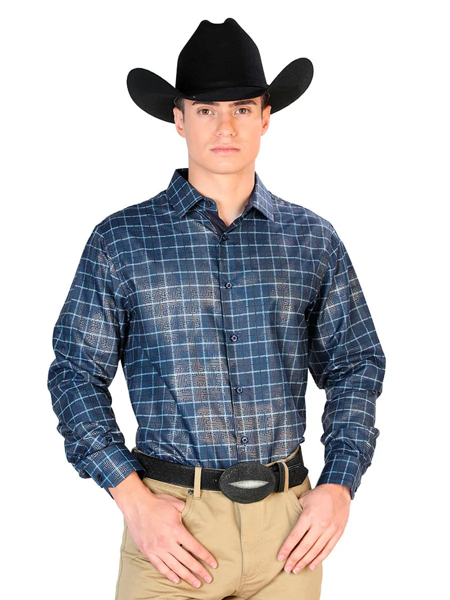 Navy Blue Casual Long Sleeve Shirt 43768 - N4dboots.com