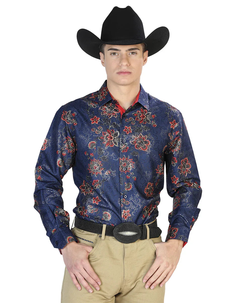 Navy Blue Casual Long Sleeve Shirt 43808 - N4dboots.com