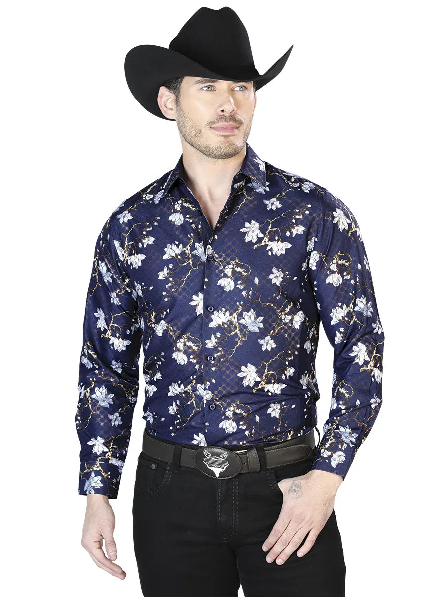 Navy Blue Casual Long Sleeve Shirt 43822 - N4dboots.com