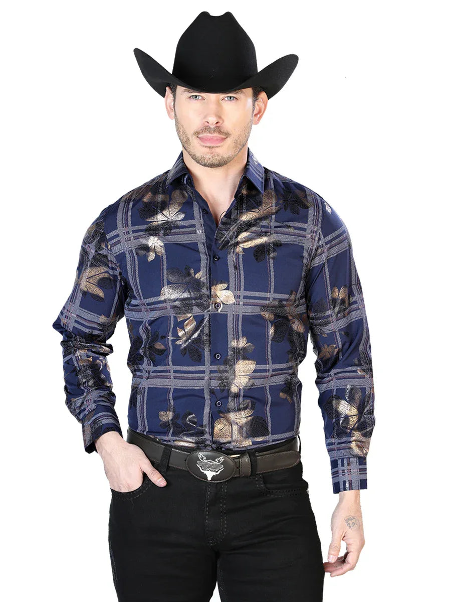 Navy Blue Long Sleeve Western Cowboy Shirt 43837 - N4dboots.com