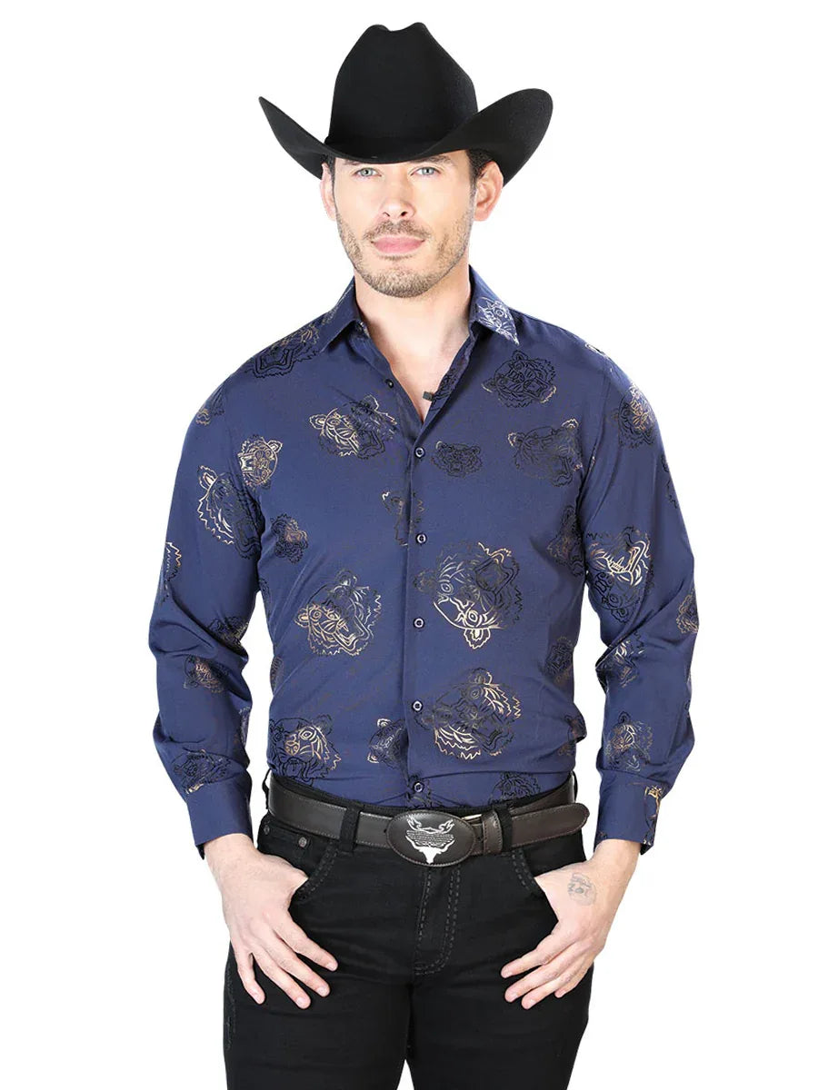 Navy Casual Long Sleeve Shirt 43843 - N4dboots.com