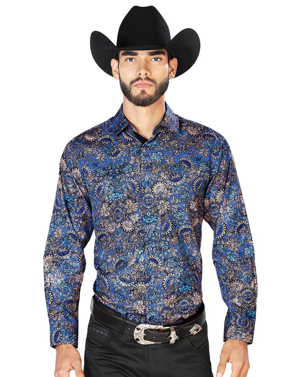 Navy Blue Casual Long Sleeve Shirt 43860 - N4dboots.com