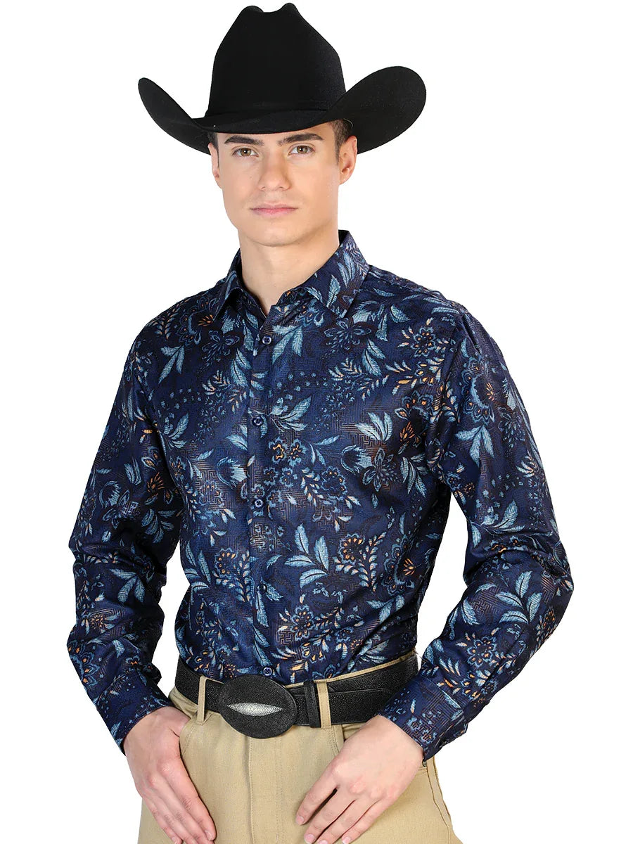 Navy Casual Long Sleeve Shirt 43870 - N4dboots.com