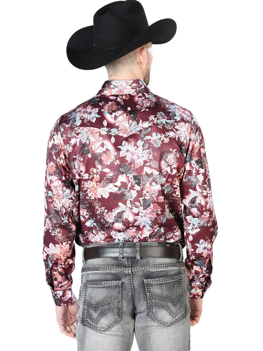 Wine And Beige Flower Print Casual Long Sleeve Shirt 43936 - N4dboots.com