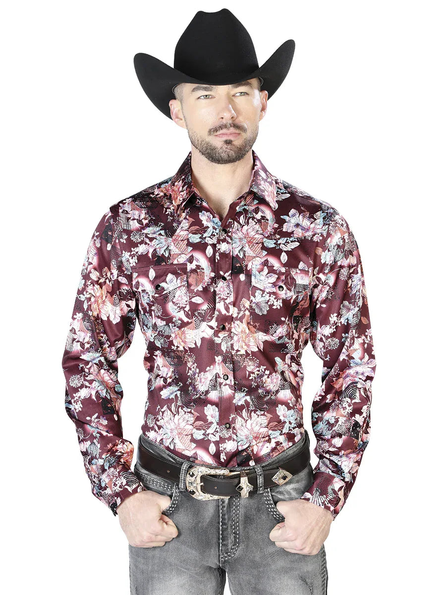 Wine And Beige Flower Print Casual Long Sleeve Shirt 43936 - N4dboots.com