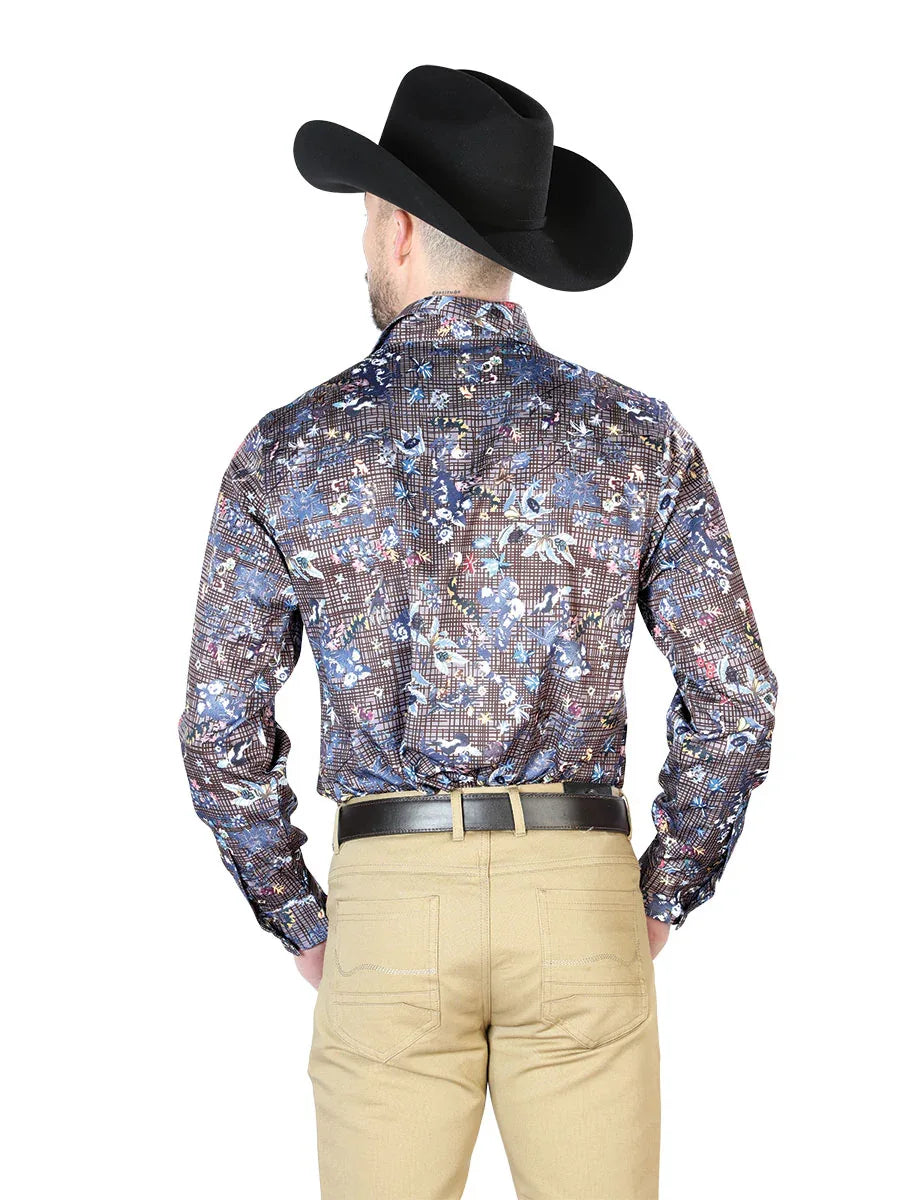 Navy Floral Casual Long Sleeve Shirt 43953 - N4dboots.com