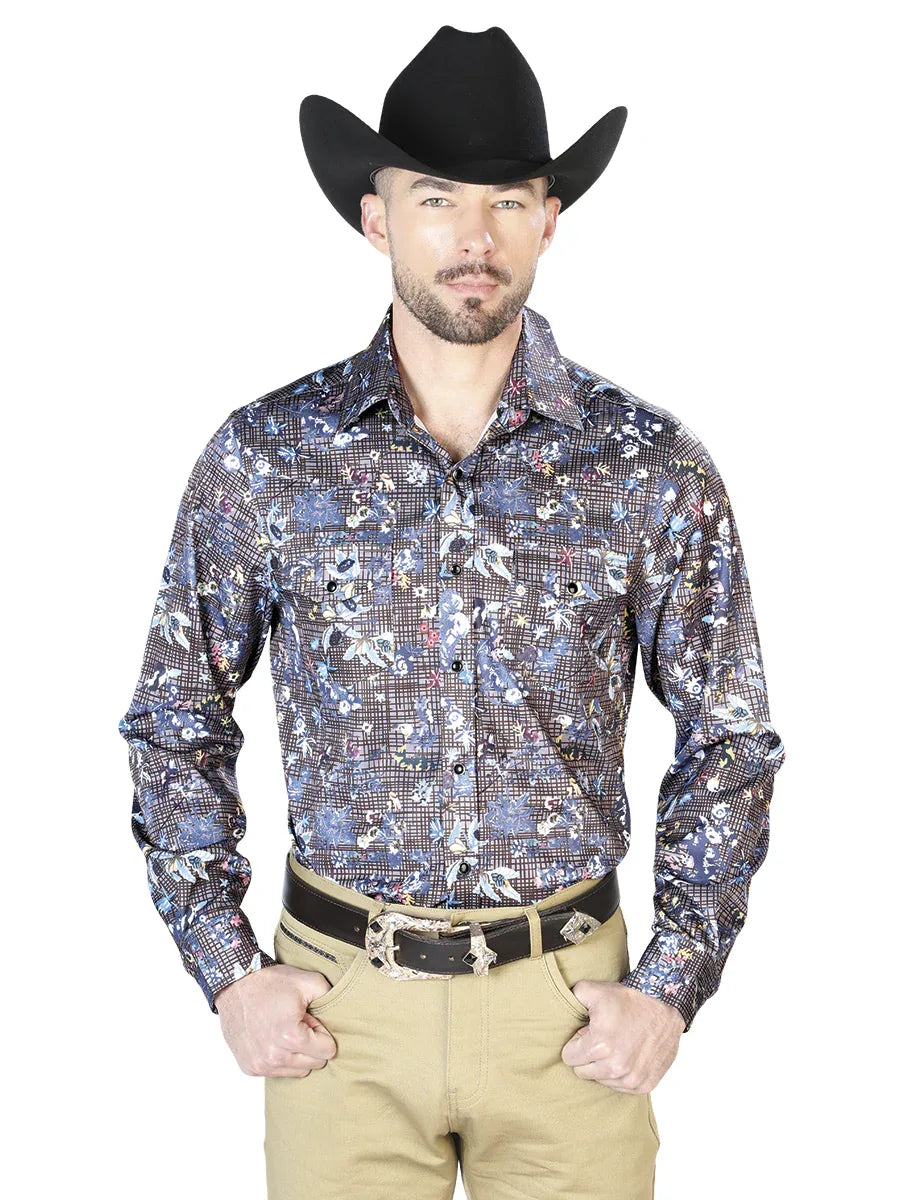 Navy Floral Casual Long Sleeve Shirt 43953 - N4dboots.com