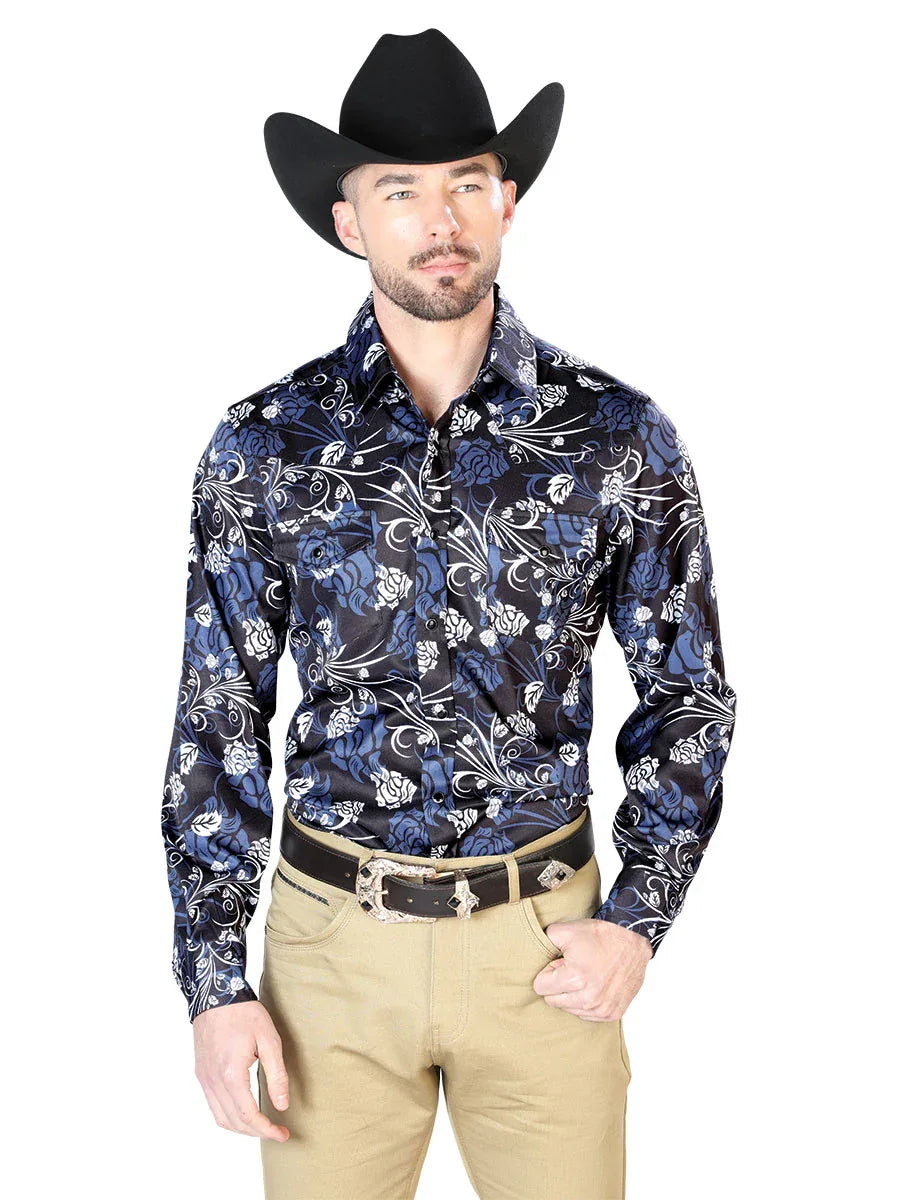 Navy Floral Casual Long Sleeve Shirt 43959 - N4dboots.com