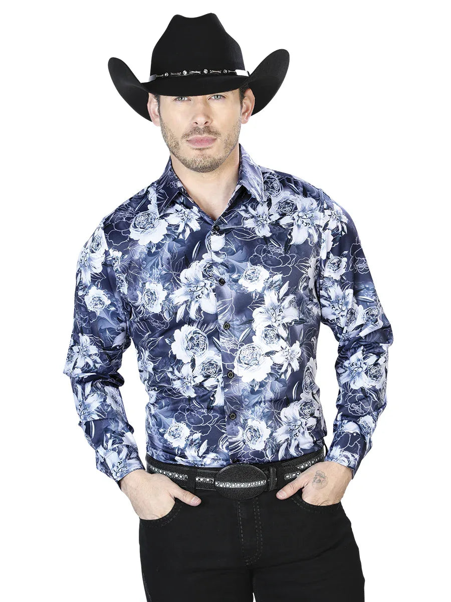 Navy Floral Print Casual Long Sleeve Shirt 43990 - N4dboots.com