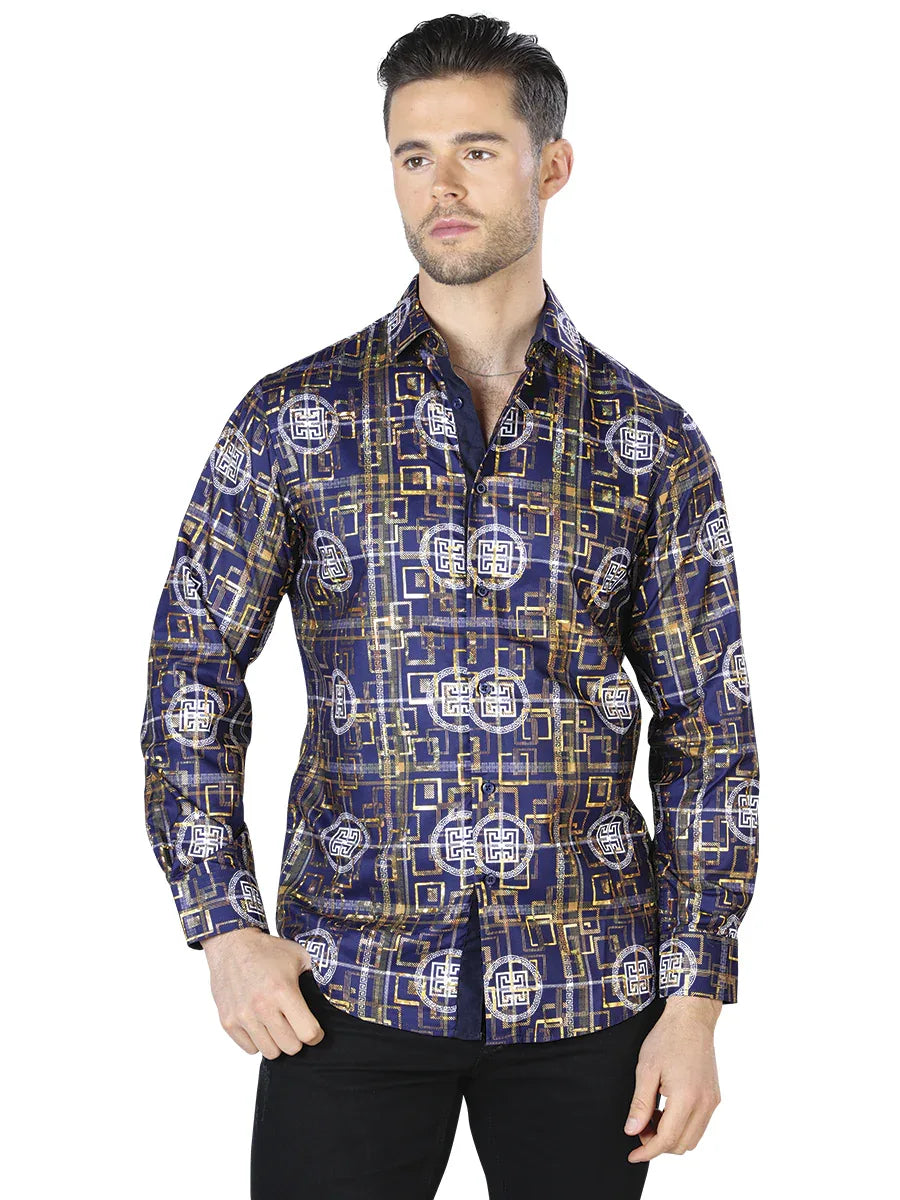 Navy And Gold Casual Long Sleeve Shirt 44014 - N4dboots.com