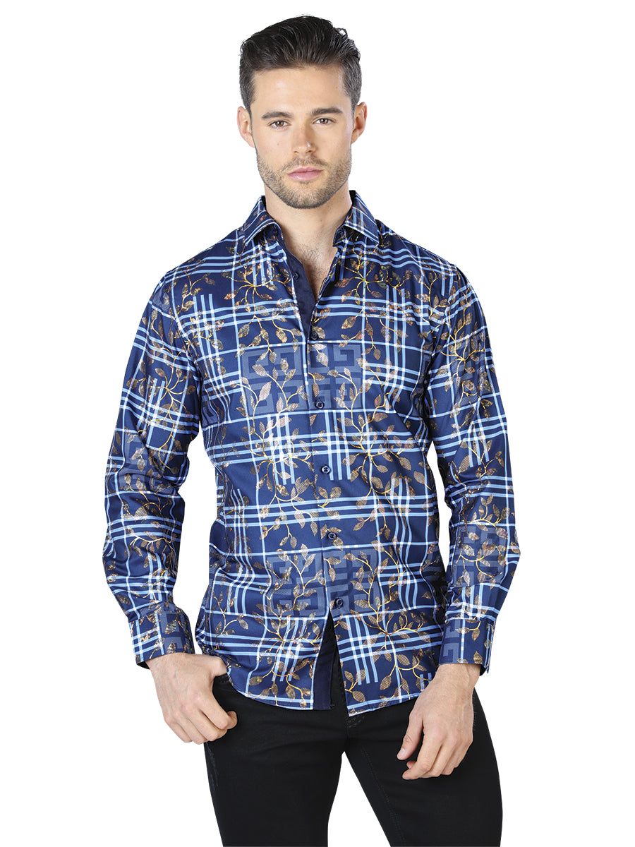 Blue and Gold Print Casual Long Sleeve Shirt 44020