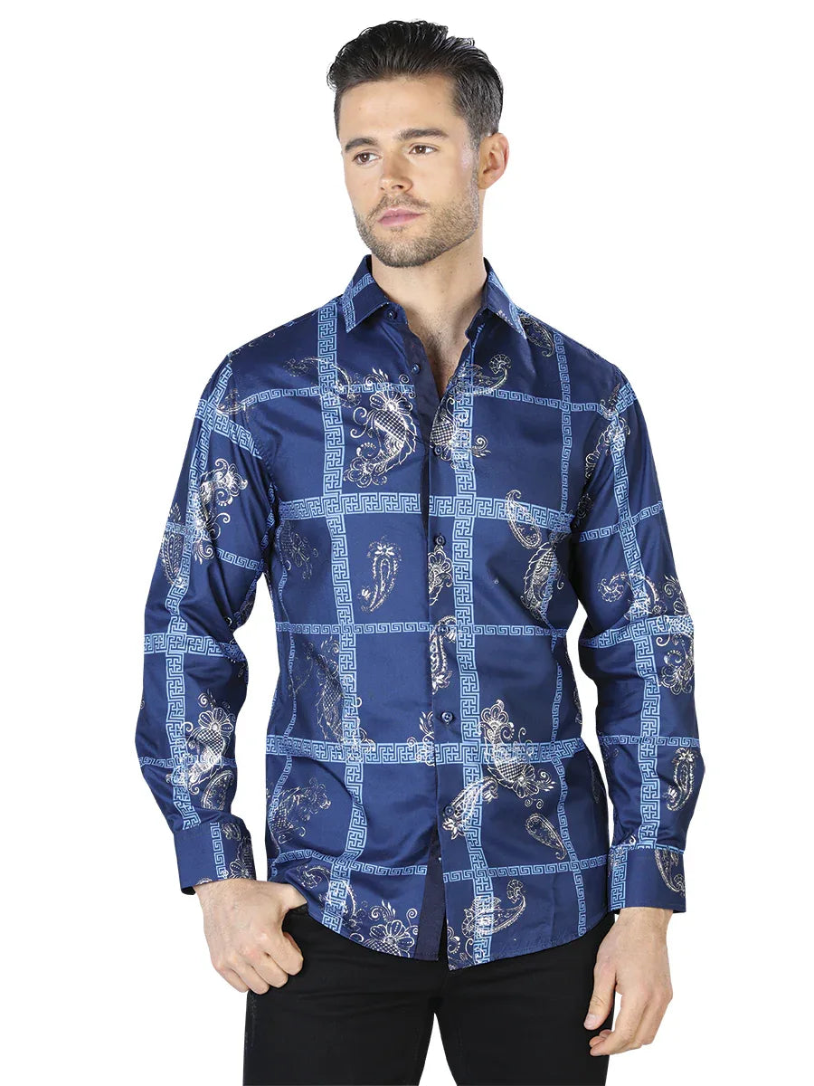 Navy And Silver Casual Long Sleeve Shirt 44026 - N4dboots.com