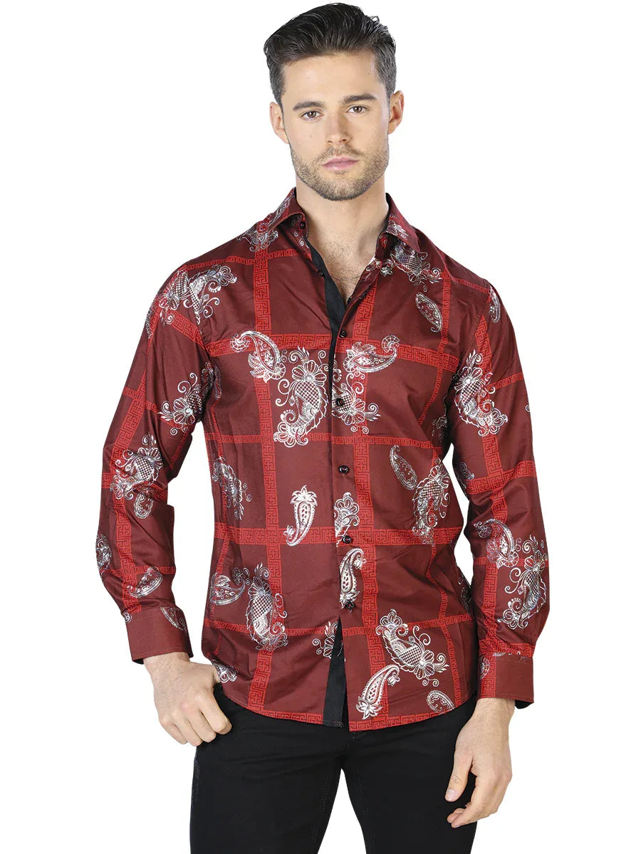 Wine And Silver Casual Long Sleeve Shirt 44027 - N4dboots.com
