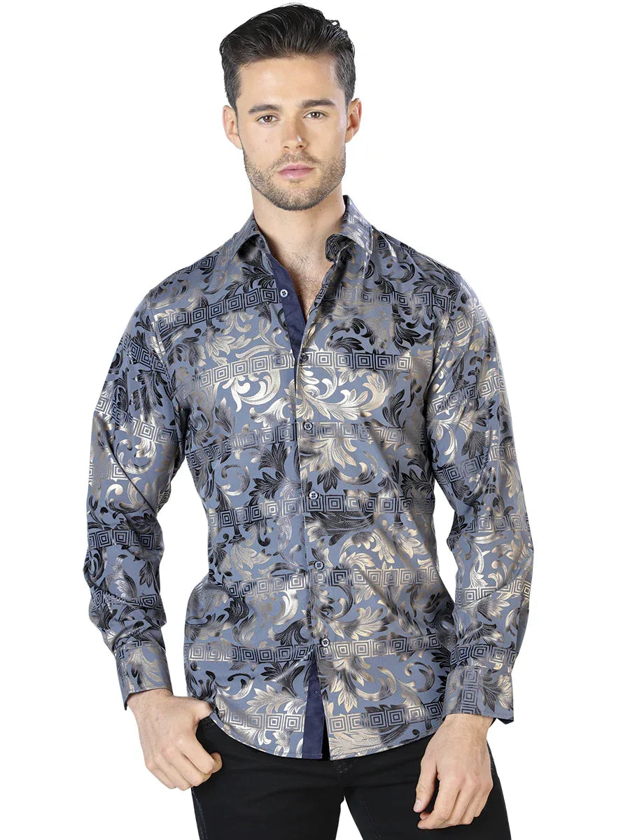 Navy And Gold Casual Long Sleeve Shirt 44038 - N4dboots.com