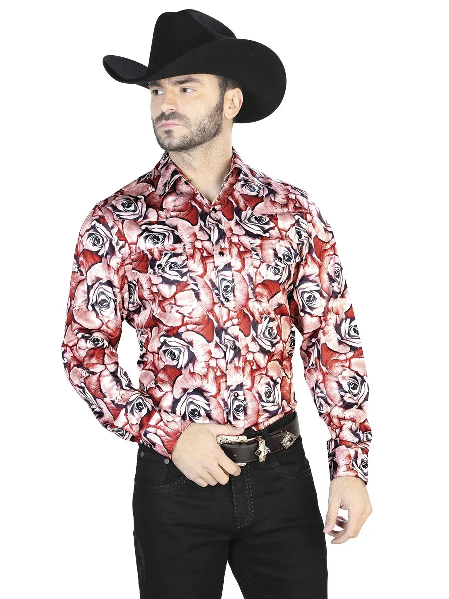 Red With Roses Casual Long Sleeve Shirt 44068 - N4dboots.com