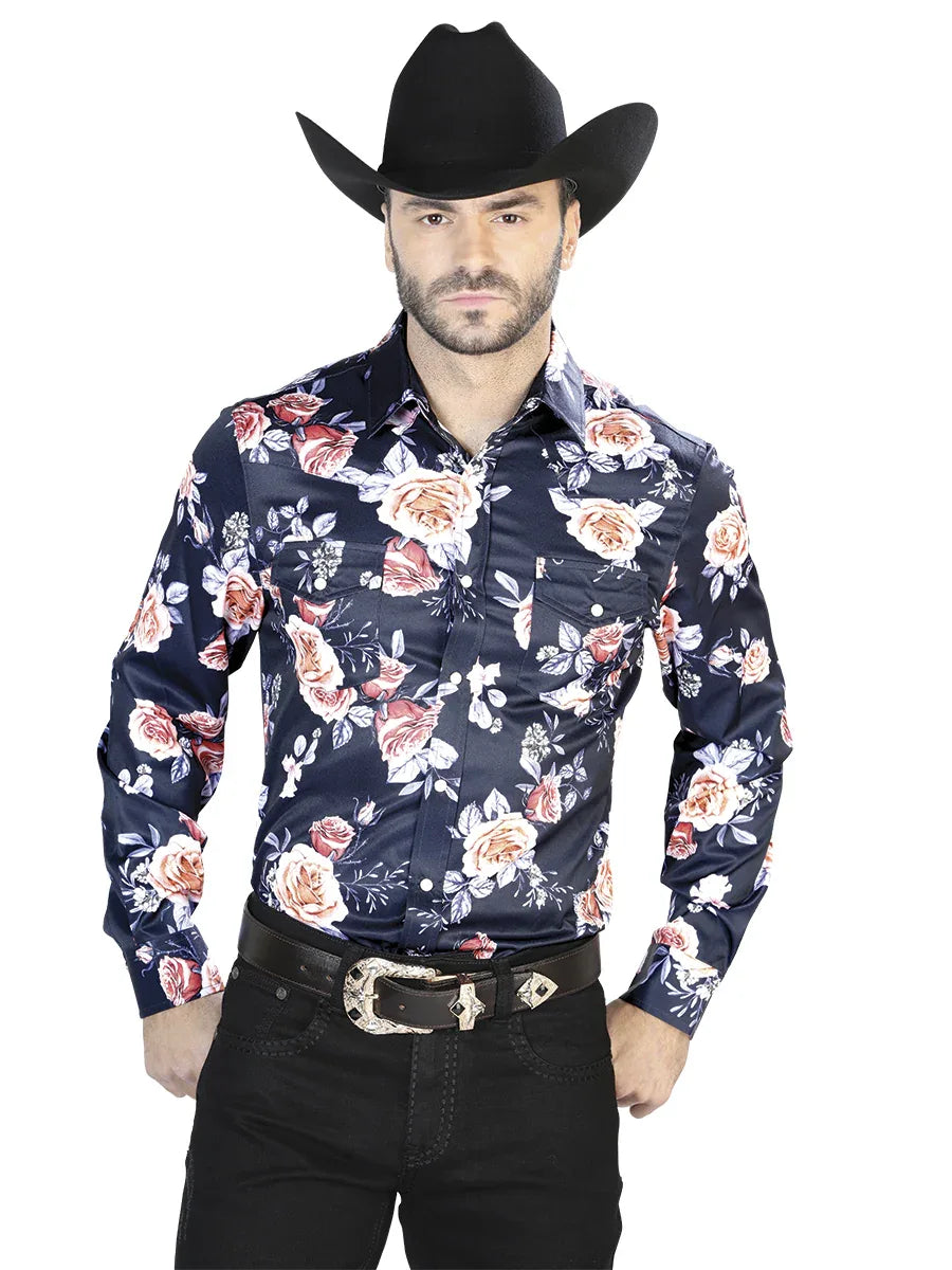Navy/Roses Casual Long Sleeve Shirt 44089 - N4dboots.com