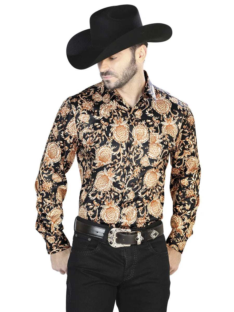 Gold And Black Casual Long Sleeve Shirt 44092 - N4dboots.com