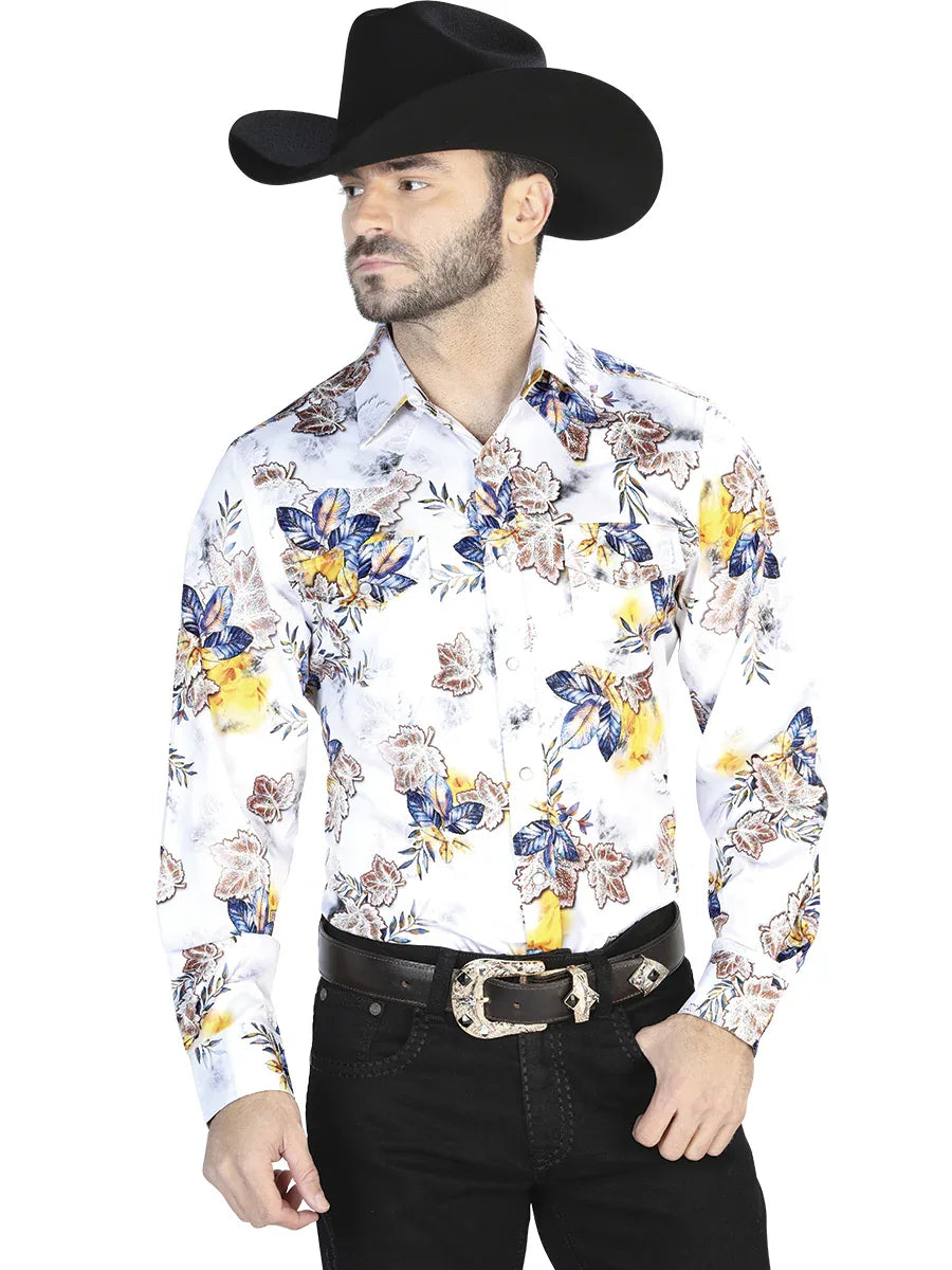 White With Flower Print Casual Long Sleeve Shirt 44097 - N4dboots.com
