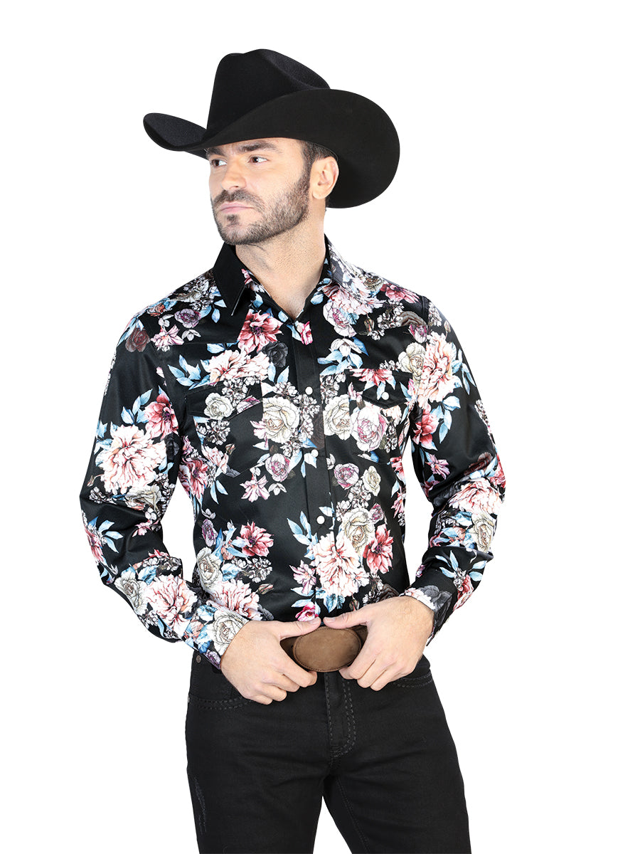 Black/Print Roses Casual Long Sleeve Shirt 44111