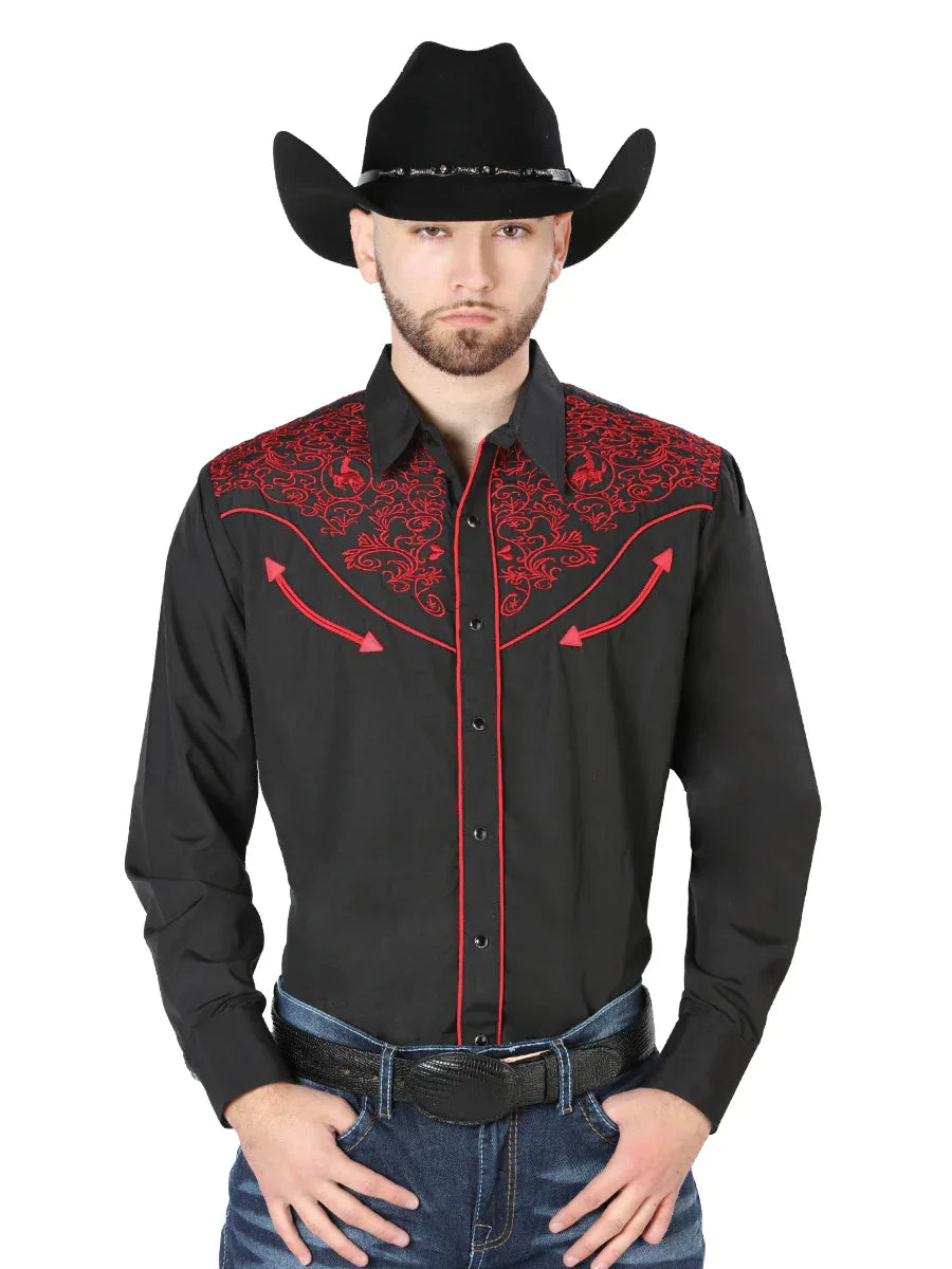 El Señor de los Cielos Embroidery Shirt Black/Red 44187 - N4dboots.com